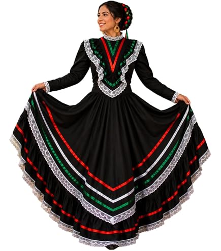 Jelysun Women's Mexican Folklorico Dress Cinco De Mayo Traditional Lace Flower Senorita Dress Day of the Dead Costume : Clothing, Shoes & Jewelry
