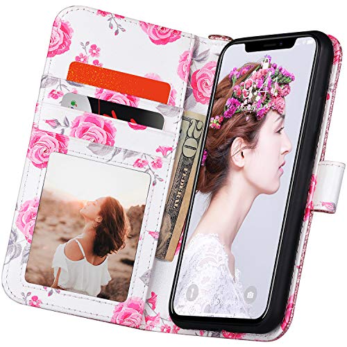 ULAK iPhone Xs Max Wallet Case, Premium PU Leather Case with Kickstand Card Holder ID Slot and Wristlet Shockproof Bling Glitter Protective Cover for Apple iPhone Xs Max (2018) - Rose Gold