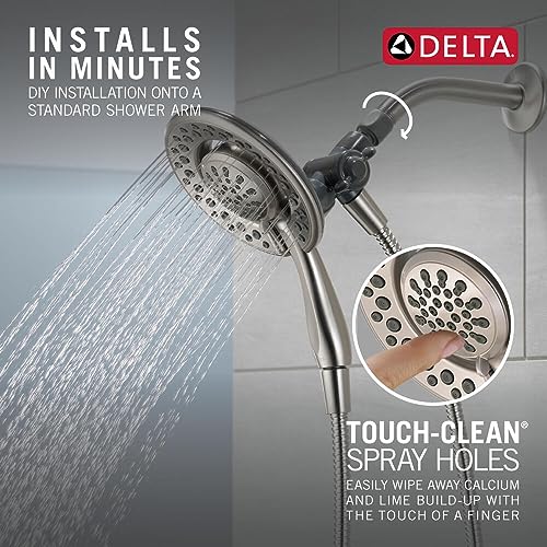 Delta 4-Setting In2ition 2-in-1 Dual Shower Head with HandHeld Spray, Brushed Nickel Detachable Shower Head with Hose, Showerhead, 1.75 GPM Flow Rate, SpotShield Nickel 75486CSN