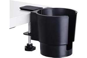 JAZBREY Universal Large Desk Cup Holder Clamp on, Heavy Duty Plastic Drink Holder for Table, Porch Swing, Patio Chair, Clip On Anti-Spill Bottle Holder for Most Cups, Bottles, Cans, Tumbles, Black, Pack of 1