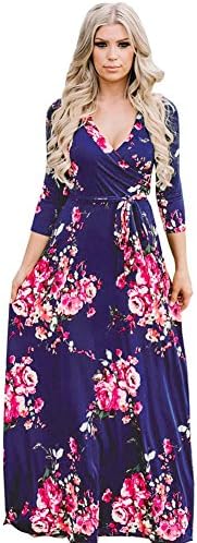 Pollycharm Womens Bohemian 3/4 Sleeve Faux Wrap Maxi Dress with Belt Royal Blue XL