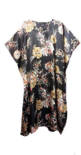 (15038) Women Multi-Color Floral Print Silky Satin Long Caftan. One Size Fit All.