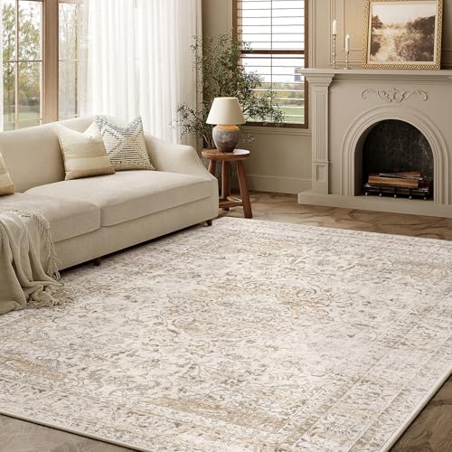 HUGEAR Waschbarer Beige Vintage Teppich Wohnzimmer 140x200cm Retro Rugs for Living Room Weich rutschfest Groß Tepich Kurzflor Schlafzimmer Carpet Livi