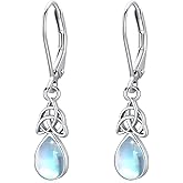 Celtic Moonstone/Turquoise/CZ Birthstone Earrings for Women Girls - 925 Sterling Silver Celtic Knot Leverback Teardrop Trinity Irish Jewelry