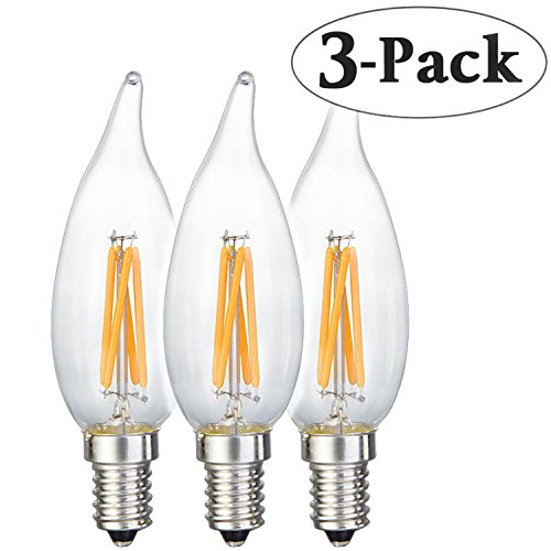 Energy Saving (3 Pack) 4-Watt LED Filament Candelabra Light Bulb - Dimmable - Soft White 2700K - Flame Tip - Exact Equivalent to Standard 40W Incandescent Chandelier Bulb