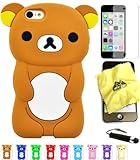Bukit Cell ® Bundle - 4 Items: Bukit Cell ® BROWN 3D Teddy Bear Soft Silicone Case for iPhone 5C, Bukit Cell ® Cleaning Cloth, Screen Protector and Metallic Stylus Touch Pen with Anti Dust Plug