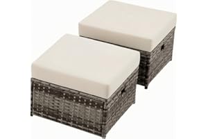 IJIALIFE Footstool Ottoman Set of 2, Waterproof Rattan Footrest with Removable Cushions, Sturdy Foot Stool for Couch Chair Indoor Outdoor (Beige Cushions, Gray Rattan)