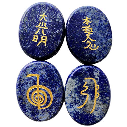 Loveliome 4 Pcs Lapis Lazuli Engraved Chakra Stones Healing Crystal Reiki Balancing Palm Stone, 45mm