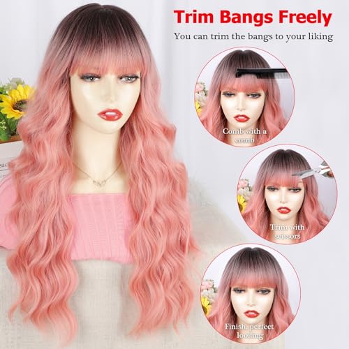 POPTAIYU Ombre Pink Wig with Bangs Long Wavy Wig With Air Bangs Silky Full Heat Resistant Synthetic Hair Pink, Hair Replacement Natural Looking Wigs for Christmas/Cosplay/Party 26 Inches(Ombre Pink)