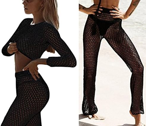 Womens Fishnet Hollow Out Beach Cover up Sets Long Sleeve Mesh Crop Top Long Pants Suits Bikini Swimwear Smock