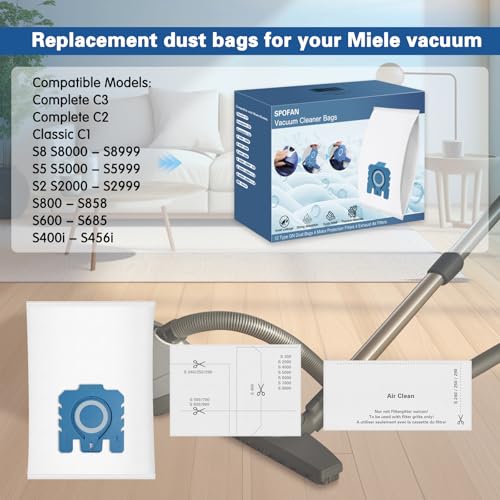 12 Pack 3D GN Air Clean Dust Bags Compatible with Miele GN Vacuum Cleaner Bags for Classic C1 Complete C2 Complete C3 S2 S5 S8 S400 Series with 4 Motor Protection Filters, 4 Exhaust Filters