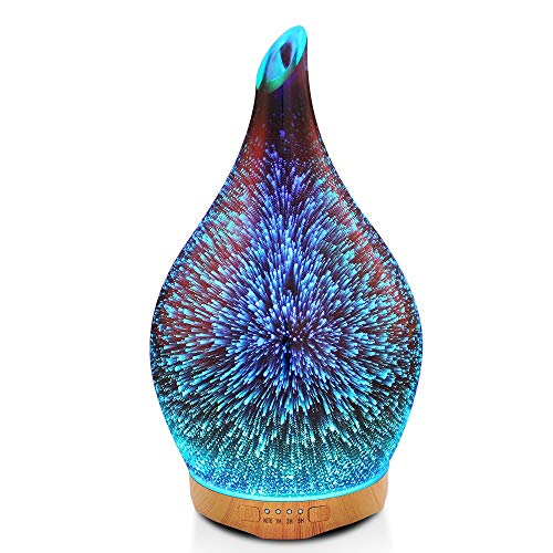 280ml Essential Oil Diffuser 3D Glass Aromatherapy Ultrasonic Humidifier – 7 Color Changing LEDs, Waterless Auto-Off,Timer Setting, BPA Free for Home Hotel Yoga Leisure SPA Gift