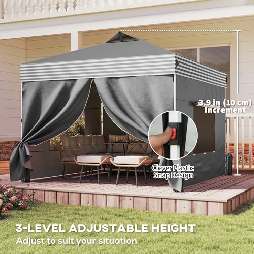 Outsunny 10 x 10 ft Pop Up Canopy Tent with 4 Sidewalls, UPF 50+ Easy 1-Button Push Setup Outdoor Instant Shelter Portable with Wheeled Carry Bag, 4 Sandbags, Dark Grey
