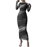 Milumia Women's Tie Dye Boat Neck Long Sleeve Fall Dress Ruched Bodycon Maxi Slimming Dresses Cocktail Party