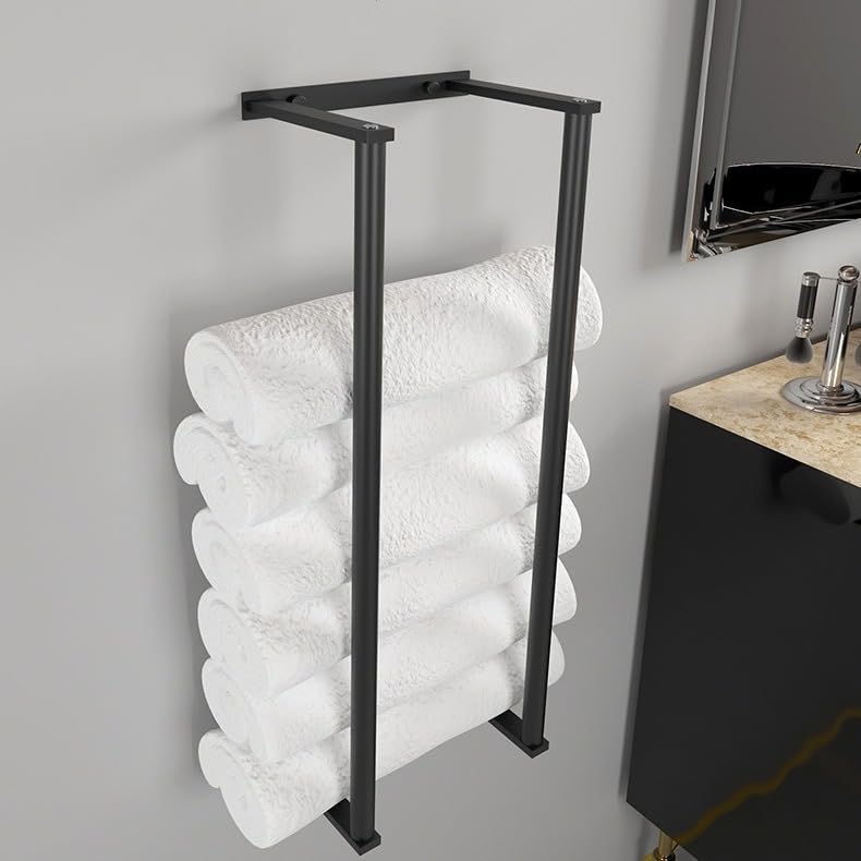Towel Racks for Bathroom, Wall Mounted Towel Storage Holder, Stainless Steel Bathroom Towel Holder Can Hold 6 Bath Sheets for Bathe Towels and Hand Towels (Black)