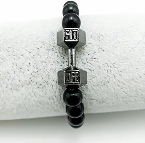 Mens Womens Dumbbell Matt Black Agate Bracelet Energy Stone Bracelet Healing Balancing Round Beads Fashion Dumbbell Charm Barbell Bracelets