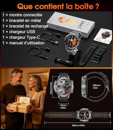 LIGE Men's Smart Watch, 1400 mAh Battery, 1.85 Inch HD Screen, LED Lamp, 110+ Modes Sport Military Watch Men, Sleep Tracking, IP68 Waterproof, Smartwatch for Android iOS, 2 Wristbands
