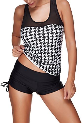 Tomlyws Womens Two Piece Swimsuit Racerback Swallow Gird Printed Sports Tankini Top Board Shorts Bikini Set S