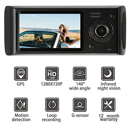THINK SOGOOD Dual Lens Car Video Camera, 2.7’’ Dashboard Camera with 140° Front Wide Angle and 120° Rear Wide Angle, DVR Recorder with G-Senor, Loop Recording, GPS(8G TF Card Included)