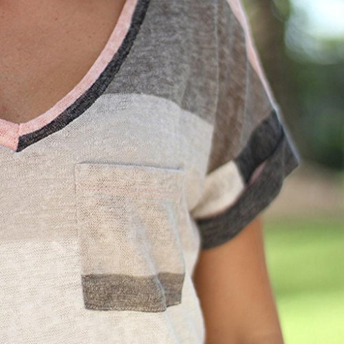 Quartly Women Short Sleeve Stripe Block Color Loose Tops Tee Shirts Summer T-Shirt Pullover Casual Blouse (S, Gray) - Thumbnail 5