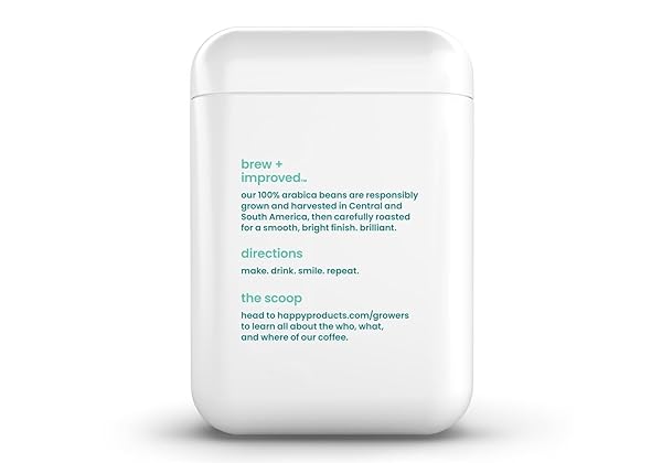 HAPPY COFFEE LIGHT ROAST GROUND COFFEE, 12 OZ., NOTES OF CASHEW & ELATION, RECYCLABLE CONTAINER, GROWN & HARVESTED IN COLOMBIA, BRAZIL & GUATEMALA