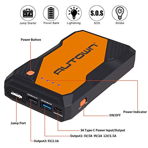 AUTOWN Jump Starter, 800A Peak 10000mAh Battery Jumper Starter with USB Quick Charge, 12V Auto Battery Booster, Portable Power Pack with Built-in LED Light, LCD Screen and Type-C Cable (Orange)