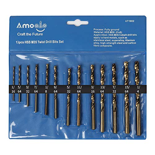 amoolo Twist Drill Bit Set (13 pcs), M35 Cobalt Drill Bit Set for Hard Metal, Stainless Steel, Cast Iron, 1/16"-1/4"