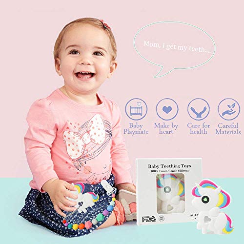 FANSIDI Baby Teething Toys Colorful Unicorn Theme Teethers& Gums Massagers with a Rainbow Pacifier Clip Holder Set - Easy to Hold, Soft, Bendable and Freezer Safe, Gift idea for Baby Boys or Girls - Thumbnail 6