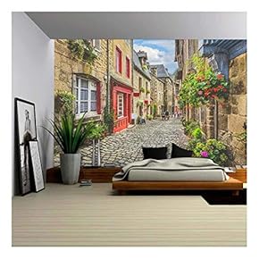 Beautiful View of Scenic Narrow Alley with Historic Traditional Houses and Cobbled Street in an Old Town in Europe - Removable Wall Mural | Self-Adhesive Large Wallpaper - 66x96 inches