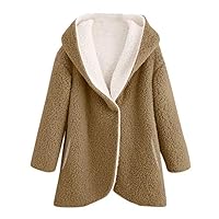 Rakkiss Women Hooded Jacket Winter Plush Curved Hem Long Sleeve Cardigan Casual Pocket Cute Warm Sweater Overcoat Khaki