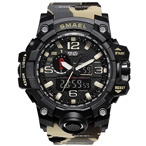 Bounabay Men's Military Digital Sport Watch Water Resistant Outdoor LED Back Light Display, Camouflage Beige