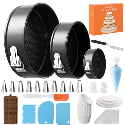 131Pcs Springform Pan Cake Pan Sets for Baking Non-Stick Cake Decorating Kit (4, 7, 9 Inch), Piping Bags and Tips Cheesecake Bakeware Baking Tools Parchment Paper & Manual