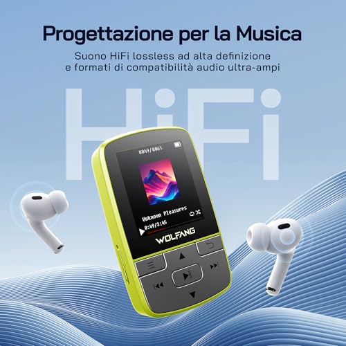 WOLFANG Bluetooth 5.2 MP3 Player, Sports Clip, Mini Size, 1 oz, FM HiF Radio, Voice Recorder, Earphones Included, Fluorescent Green