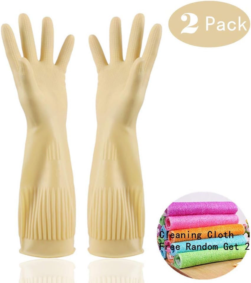 Household Rubber Cleaning Long Glove Reusable Thickening Dishwashing Gloves for Kitchen Cleaning 2-Pairs and 2 Cleaning Clothes (Yellow,Medium)