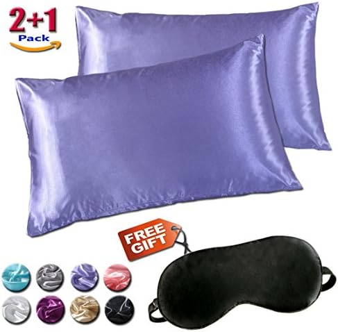 Satin Pillowcases Set for Hair and Skin, Standard Queen King Size Silk Pillowcase Prevents Sleep Wrinkles,No Zipper Pillow Silk Pillowcase EASY TO WASH, GIFT-Eye Mask(Purple, King)