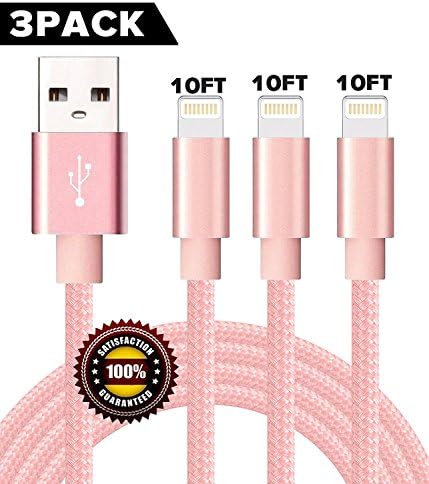 BULESK Lightning Cable 3Pack 10FT Nylon Braided Certified Lightning to USB iPhone Charger Cord for iPhone X 8 7 Plus 6S 6 SE 5S 5C 5, iPad 2 3 4 Mini Air Pro, iPod Nano 7 Pink