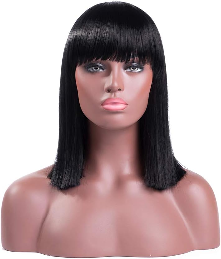 MelodySusie Black Middle Length Straight Wig for Women, Synthetic Hair Wig with Blunt Bangs Natural as Real Hair Heat Resistance Adjustable Size Cosplay Daily Party Wig with Free Wig Cap, Black