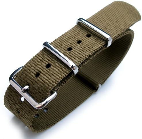 Nato Watch Strap, 20mm, Heat Sealed G10 Nylon, Polished Buckle, Military Green