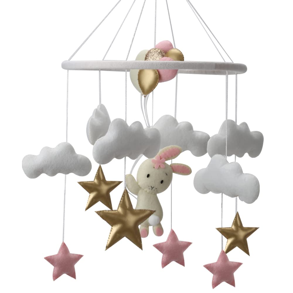 Girl Bunny Pink Nursery Hand Made Felt Baby Mobile Baby Crib Mobile with Flying Rabbit and Ballons