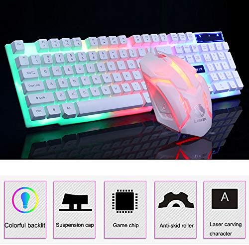 Colorful LED Illuminated Backlit USB Wired PC Rainbow Gaming Keyboard Computer Mechanical Feel Backlit Keyboard Mouse Set (White)