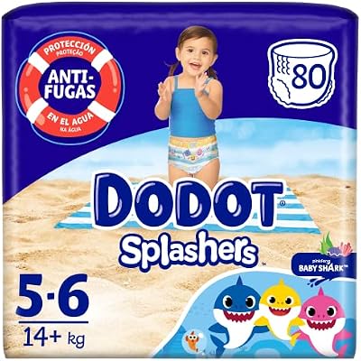 Splashers Baby Shark Talla 5-6, 80 Pañales Bebé Bañadores Desechables, 14kg+, Protección Anti-fugas En El Agua