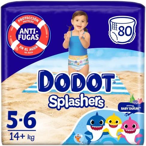 Splashers Baby Shark Talla 5-6, 80 Pañales Bebé Bañadores Desechables, 14kg+, Protección Anti-fugas En El Agua