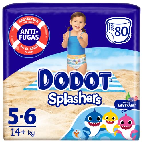 Splashers Baby Shark Talla 5-6, 80 Pañales Bebé Bañadores Desechables, 14kg+, Protección Anti-fugas En El Agua