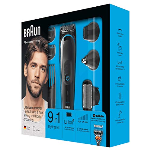 Braun 9-in-1 All-in-One Trimmer MGK5080 Beard Trimmer and Hair Clipper, Body Groomer, Ear and Nose Hair Trimmer, Detail Trimmer Attachment, Black/Blue
