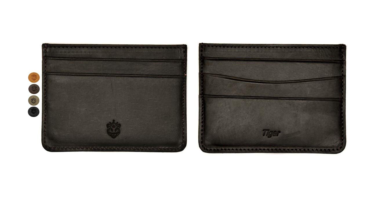 Crown & Tiger Genuine Leather Card Holder Wallet - 5 Pockets Slim Design (Crazy Dark Brown)