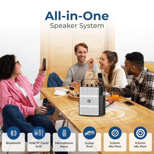 100W Powerful Voice Amplifier with 2 Wireless Microphones, Big Pro Sound Portable Speaker with Microphone, Bluetooth Speaker PA System Karaoke Machine Support BT/USB/TF Card/Aux/Guitar RBS99