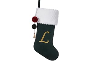 Pxniy 19.5 inches Personalized Velvet Christmas Stocking,Initials Embroidered Letter Christmas Stocking with pom poms, for Fireplace Hanging Decor and Xmas Gift(Green L)