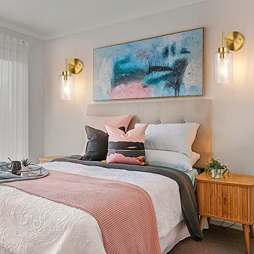 Lámpara De Pared Interior, JSXing Apliques De Pared Con Pantalla De Vidrio Transparente, Lampara De Pared Para Baño, Dormitorio, Espejo, Sala De Estar,E26 Base (Oro-2 piezas)