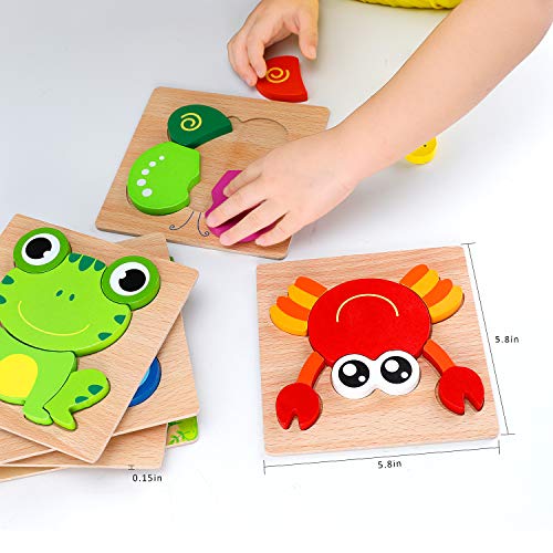 AKAMINO Wooden Animal Jigsaw Puzzles for Toddlers Kids 1 2 3 Years Old, Boys & Girls Educational Toys Gift with 6 Animals Patterns, Vibrant Color Shapes