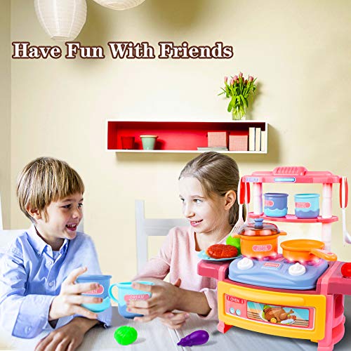 UNIH Kitchen Playset, Kids Play Kitchen for Toddlers Pink 3 4 5 6 7